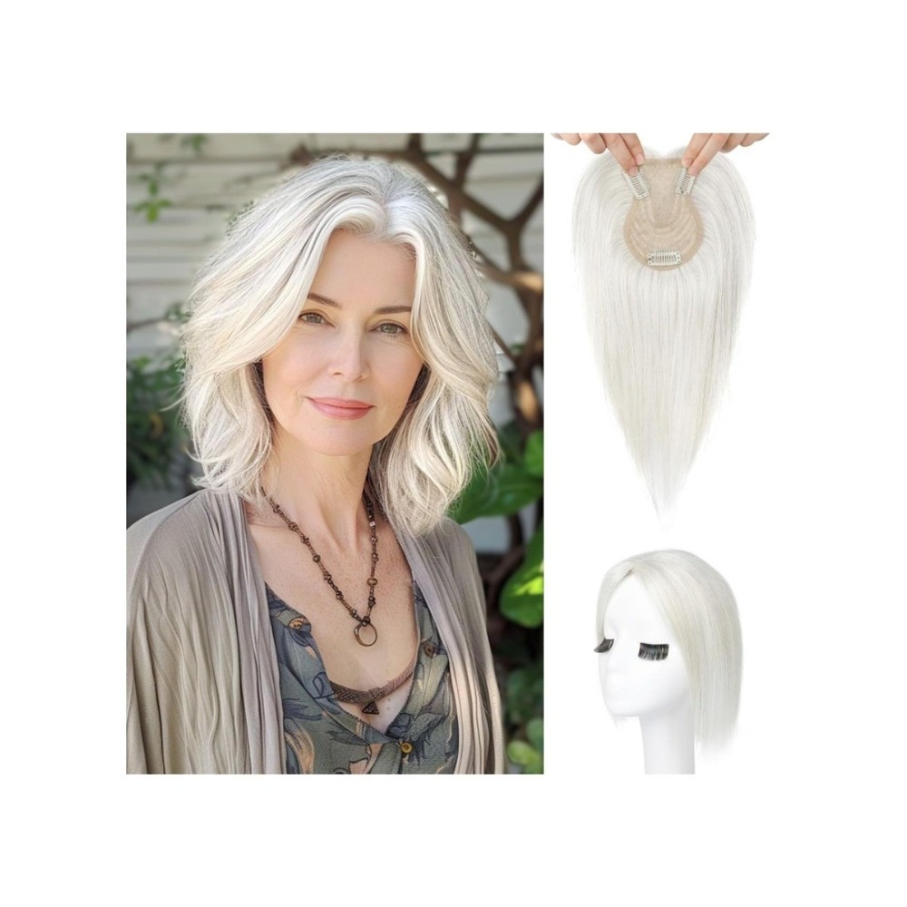 10" Silver White Real Human Hair Topper with Bangs 360°3D Clip in Hairpiece